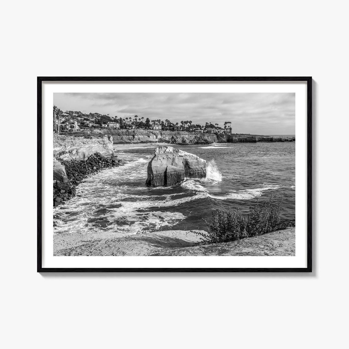 San Diego Sunset Cliffs Black and White Rocky Ocean Waves Poster