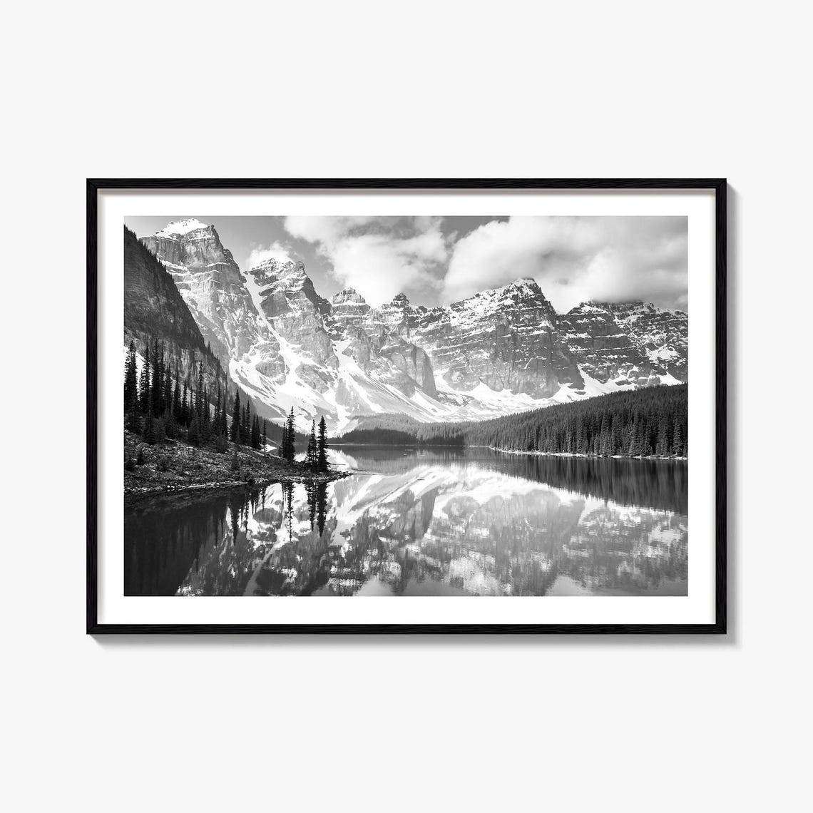 Moraine Lake Canada Rockies Reflection Black and White Poster