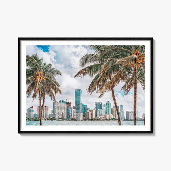 Miami Florida Palm Trees Downtown Skyline Bay Tropical Print