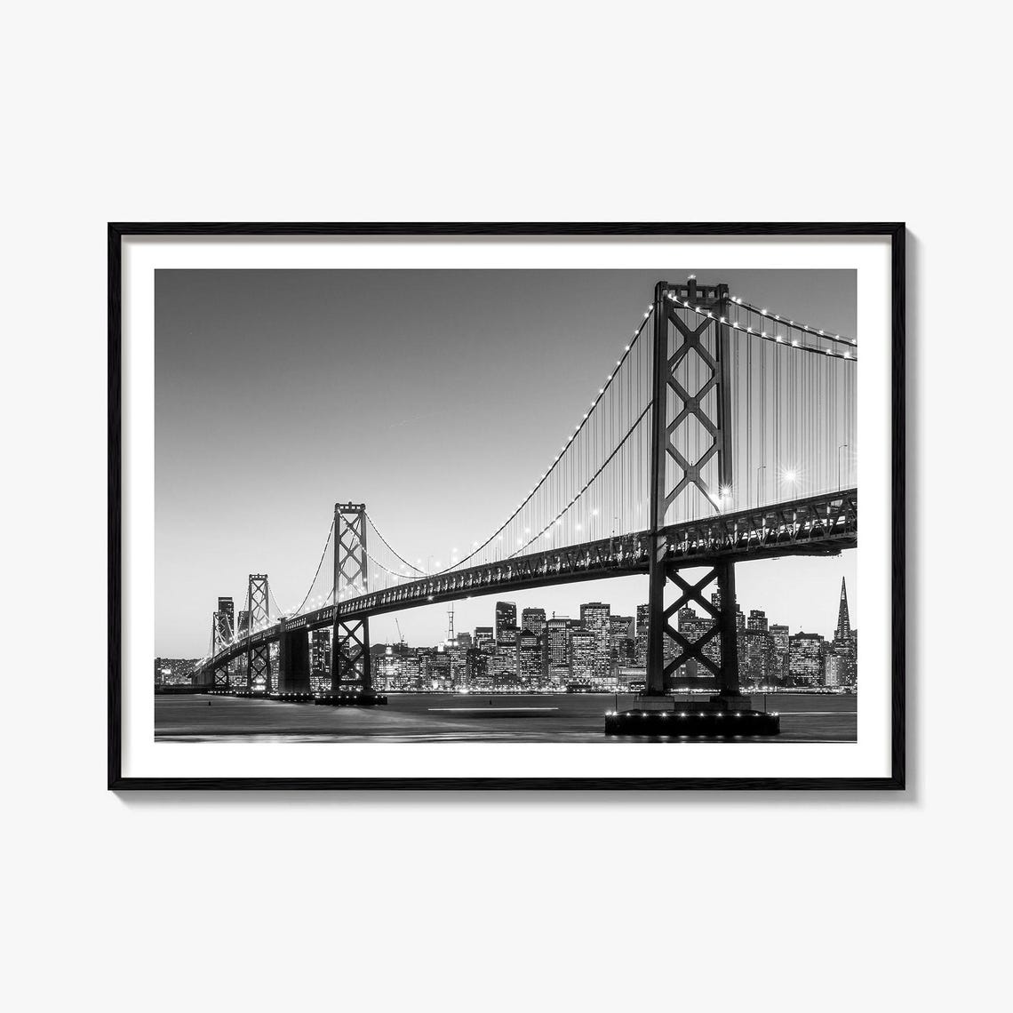 San Francisco Bay Bridge Black and White Night Skyline Poster