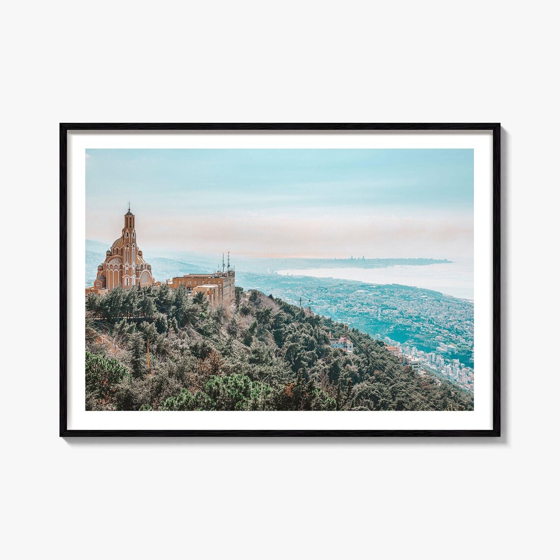 Lebanon Hilltop Cathedral Overlooking Coastal Bay City Poster
