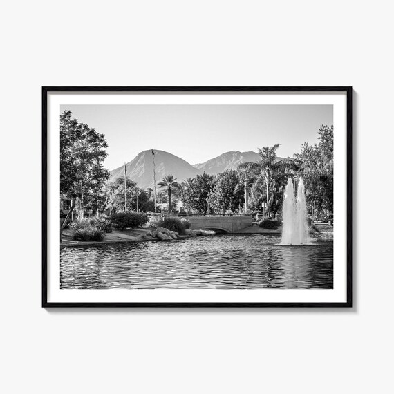Palm Springs Black White Fountain Pond Mountains View Poster