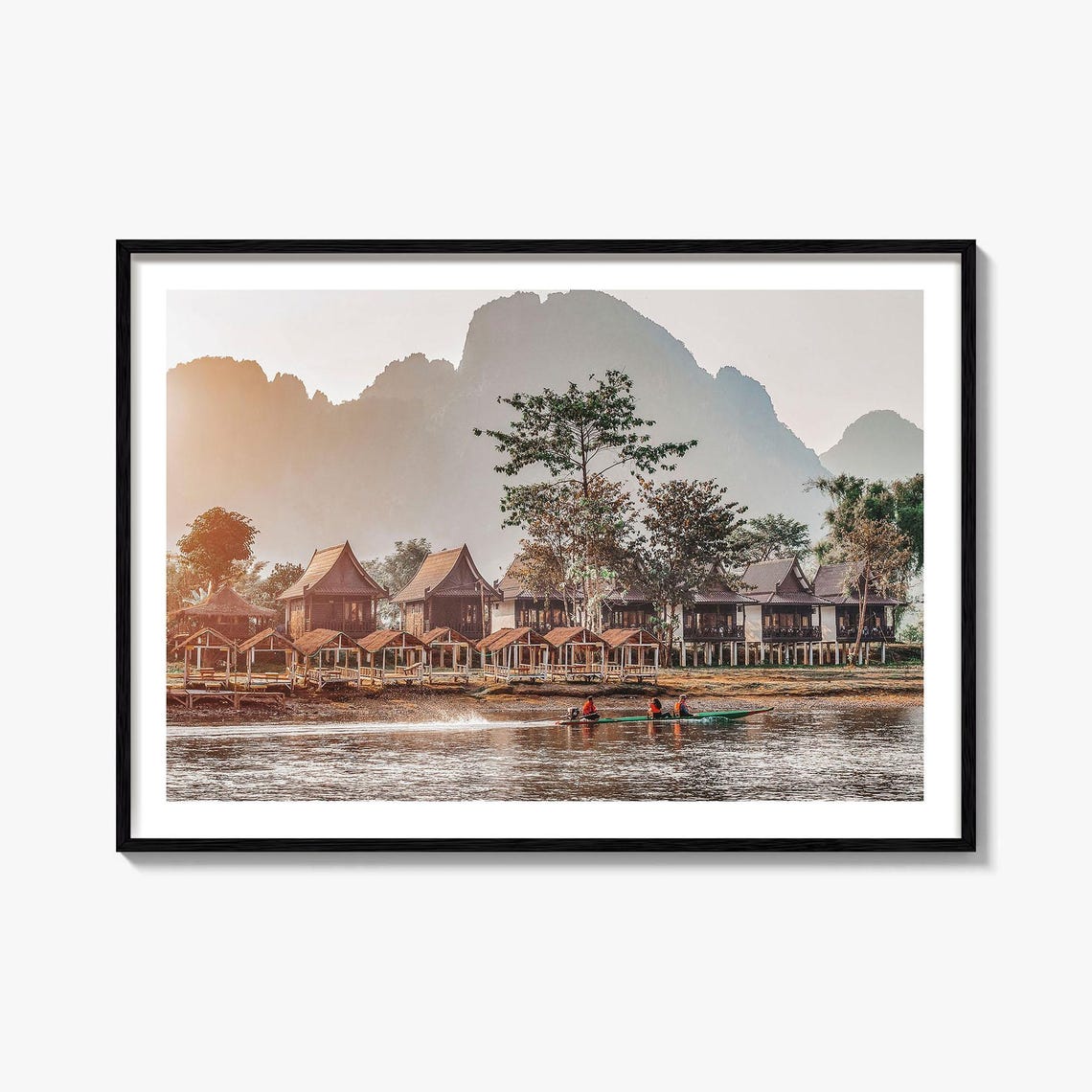 Laos Vang Vieng River Riverside Huts Karst Mountains Longboat Poster