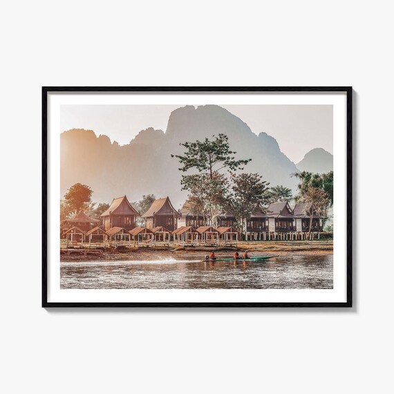 Laos Vang Vieng River Riverside Huts Karst Mountains Longboat Poster