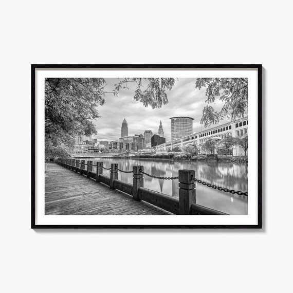 Cleveland Ohio Skyline Boardwalk River Black And White Poster