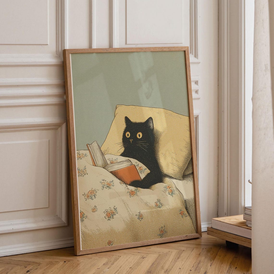 Black Cat Reading In Bed Poster Whimsical Animal Print