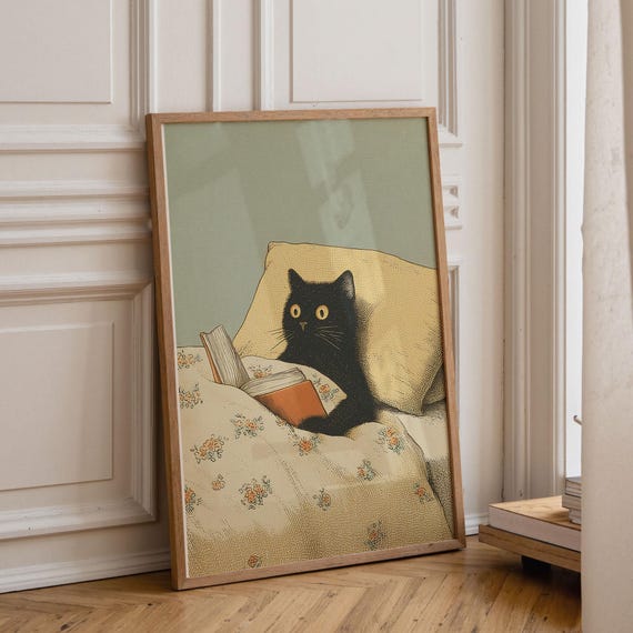 Black Cat Reading In Bed Poster Whimsical Animal Print