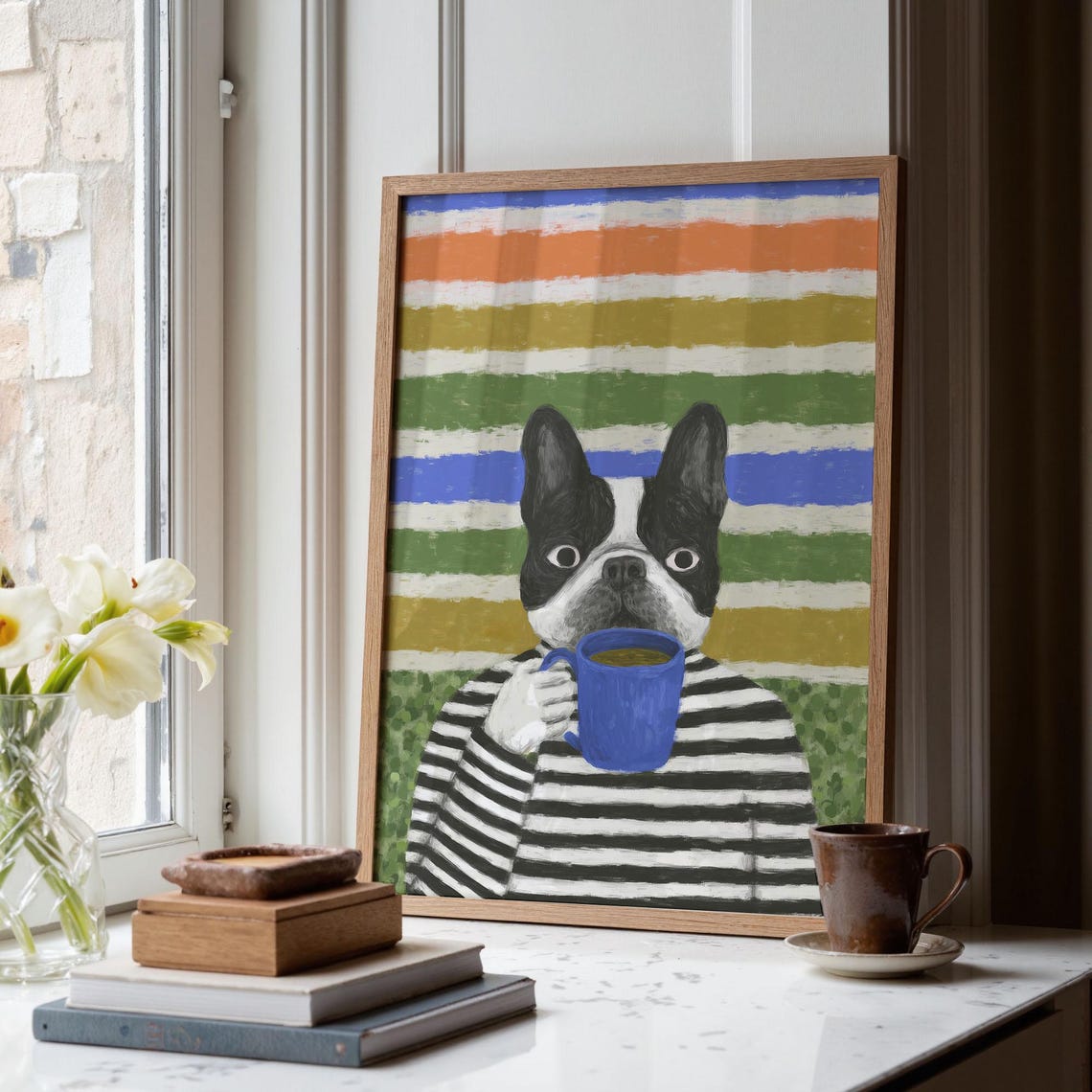Boston Terrier Coffee Time Blue Mug Rainbow Stripes Dog Poster