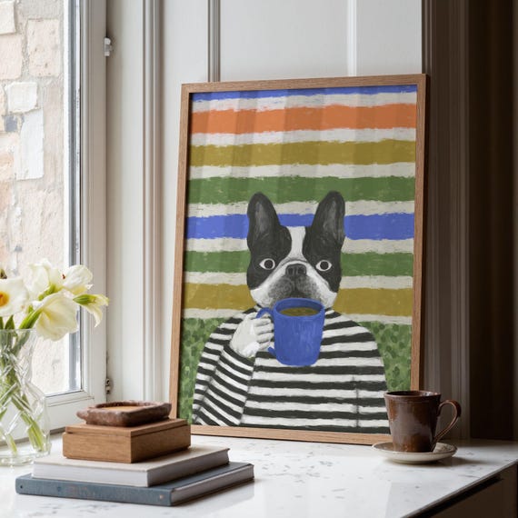 Boston Terrier Drinking Espresso Poster Midcentury Modern Print