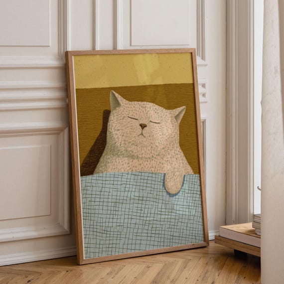 Sleeping White Cat Retro Animal Poster