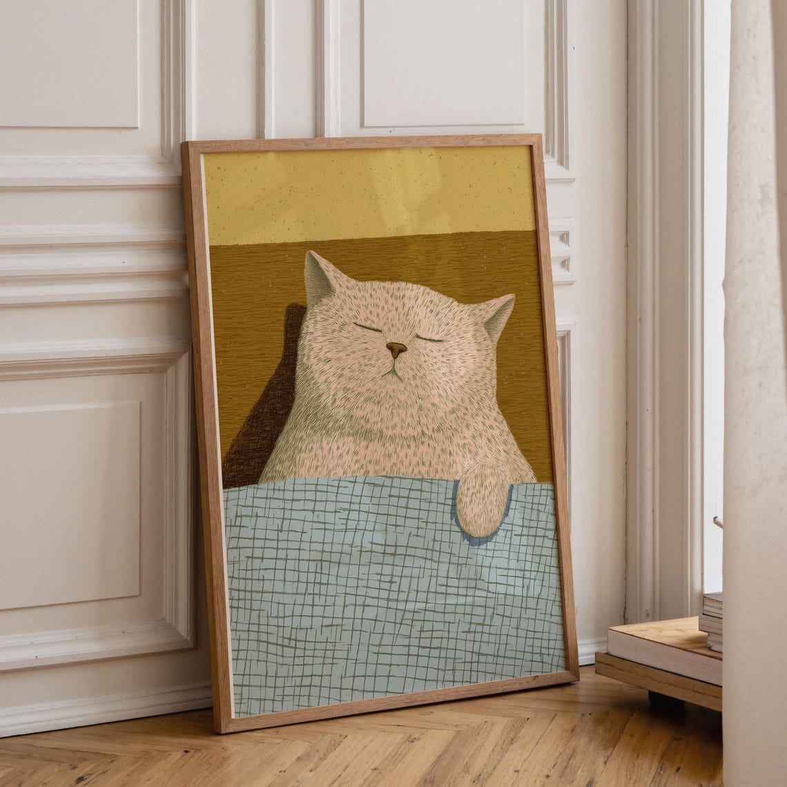 Sleeping White Cat Retro Animal Poster