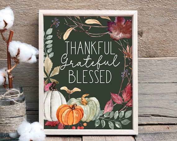 Thankful Grateful Blessed Fall Pumpkins Watercolor Autumn Poster