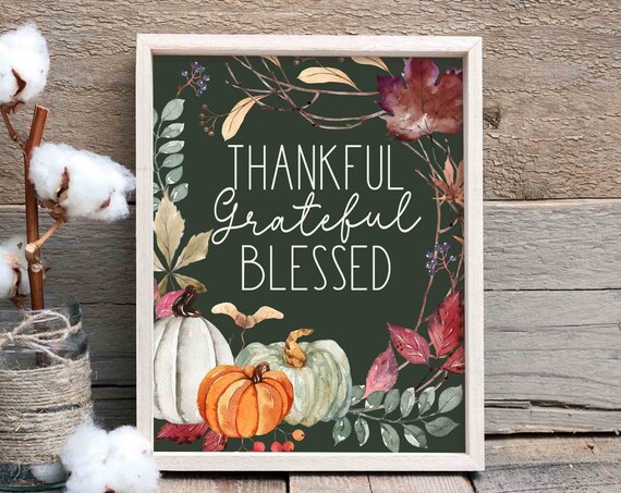 Thankful Grateful Blessed Wall Decor Fall Pumpkin Art Watercolor Quotes Home