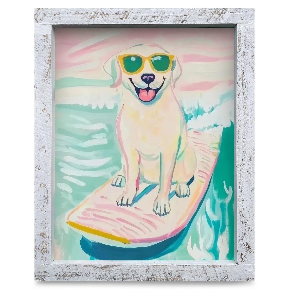 Surfing Yellow Lab Real Wood Framed Wall Art Print
