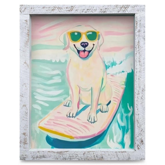 Surfing Yellow Lab Real Wood Framed Wall Art Print