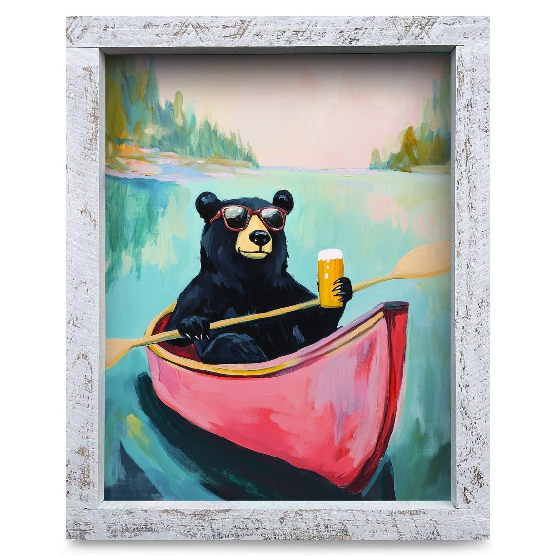 Cool Black Bear in Red Canoe with Beer Funny Lake Summer Poster
