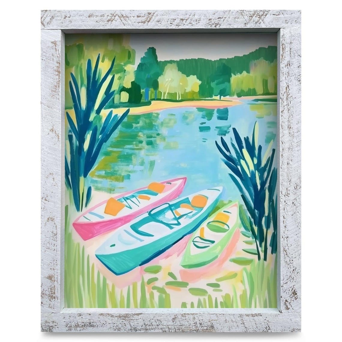 Three Colorful Kayaks on Lakeshore Bright Summer Lake Poster