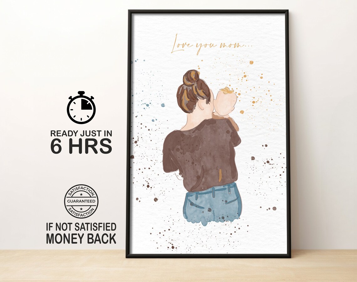 Custom Watercolor Mother Child Love You Mom Gift Portrait Poster