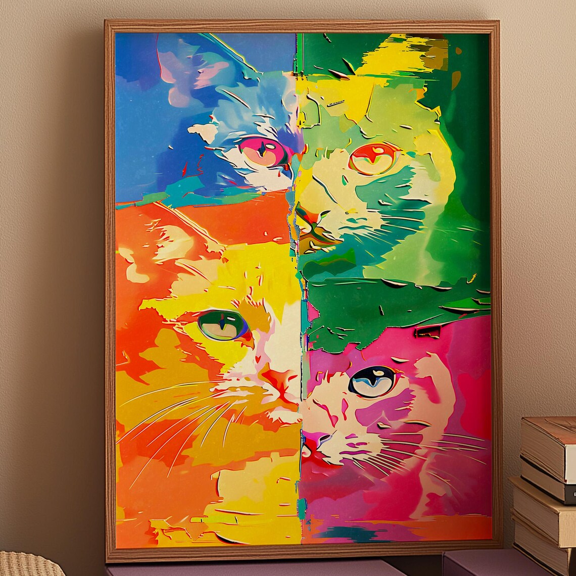 Neon Pop Art Cat Face In Four Vivid Color Blocks Warhol Style Poster