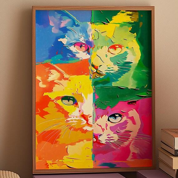 Neon Pop Art Cat Face In Four Vivid Color Blocks Warhol Style Poster