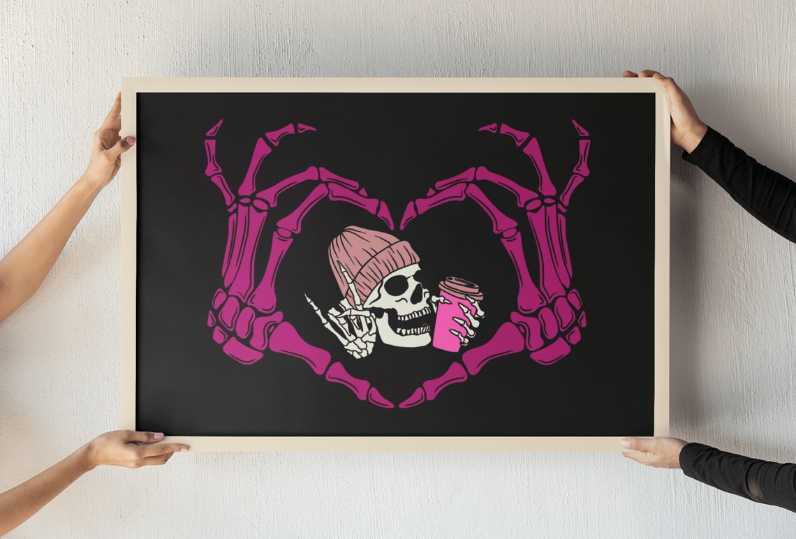 Pink Skeleton Hands Heart Skull Coffee Halloween Gothic Poster - Image 3