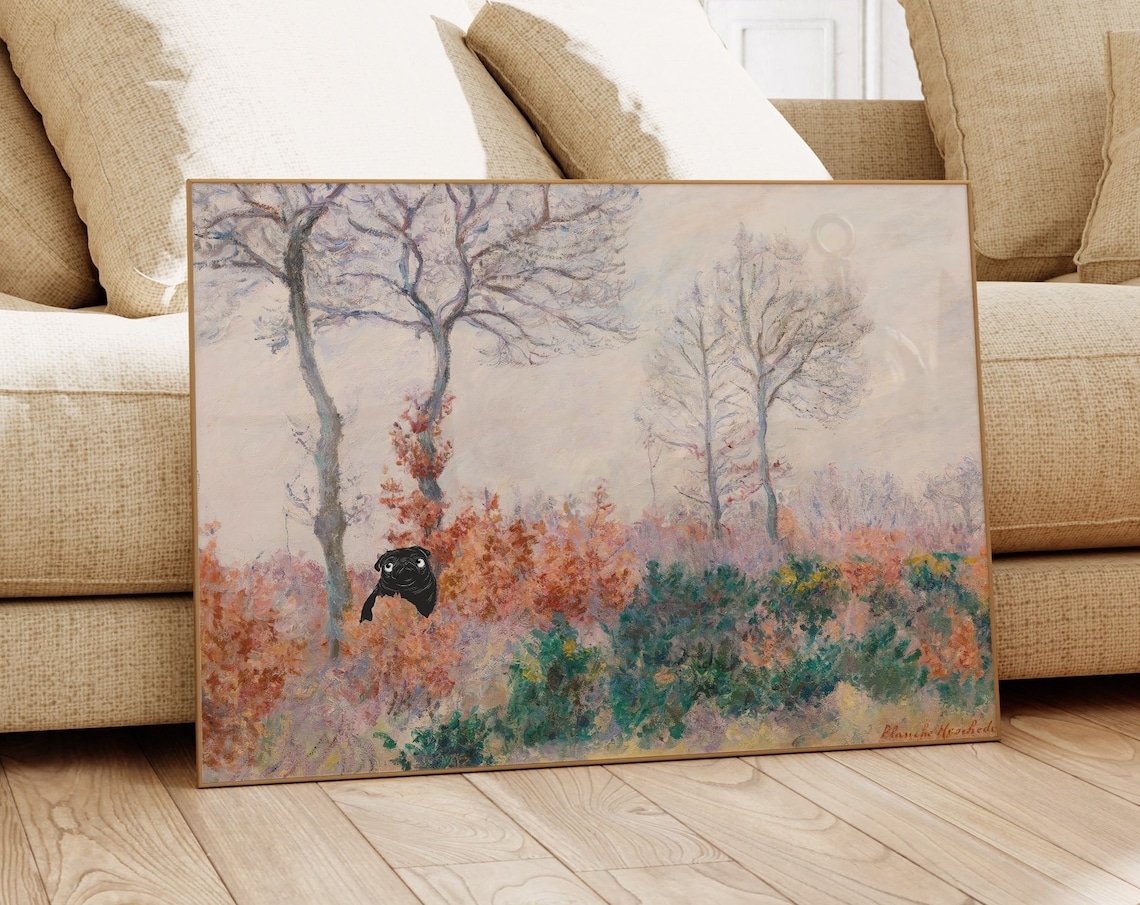 Black Pug Funny Monet Style Autumn Forest Landscape Dog Poster