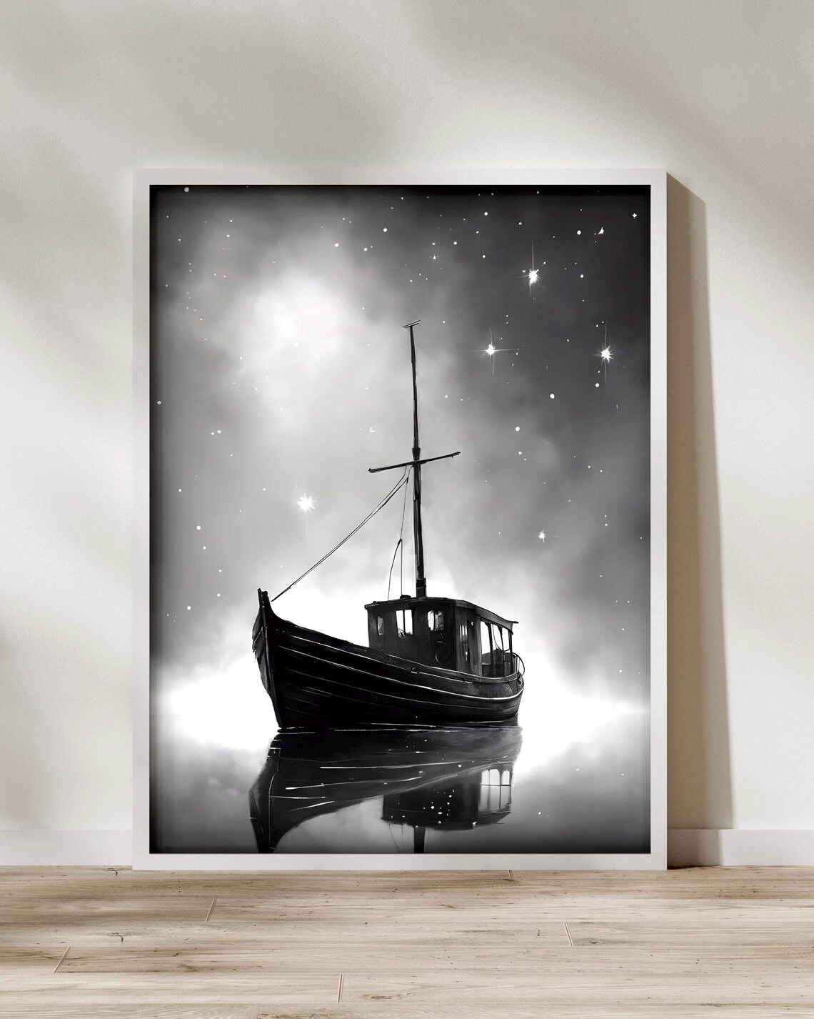 Black And White Sailboat Under Starry Night Moonlit Sea Poster
