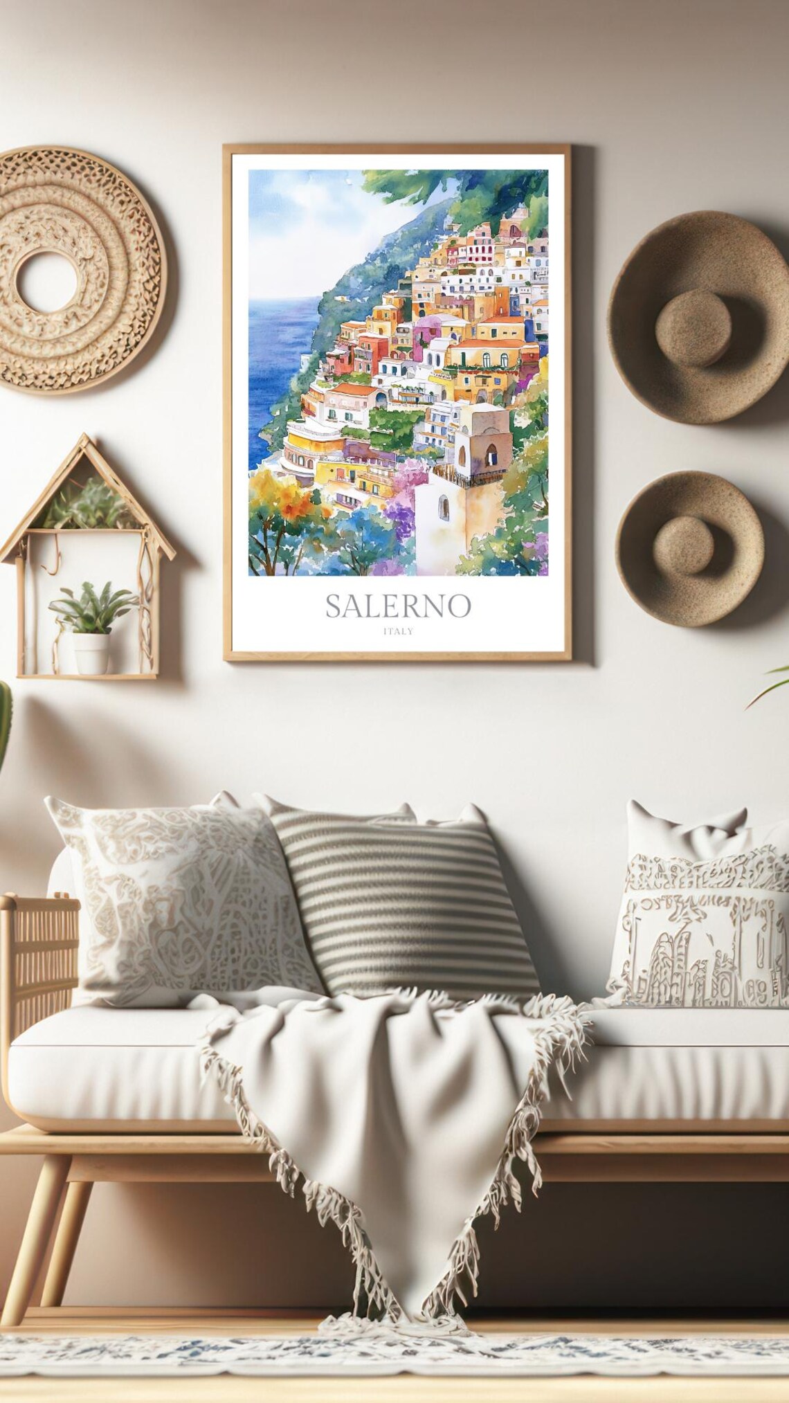 Salerno Italy Colorful Cliffside Coastal Town Watercolor Poster - Image 2