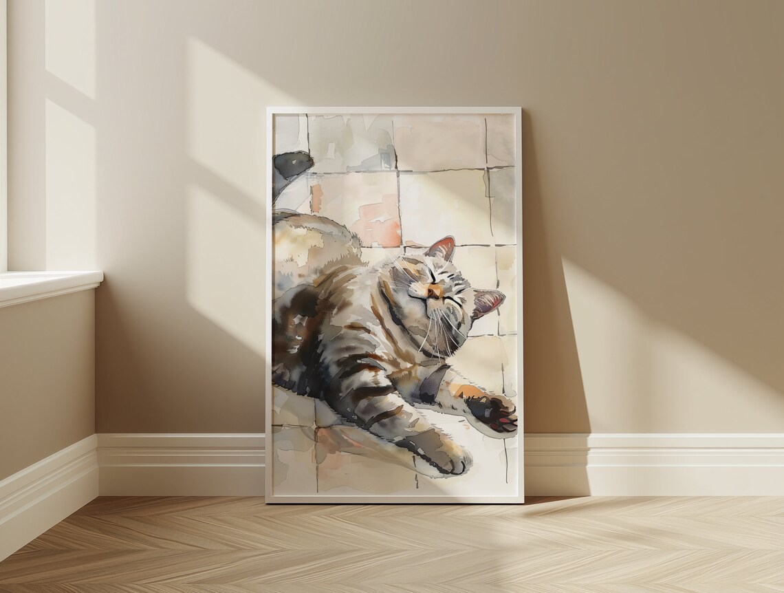 Sleepy Tabby Cat Watercolor Cozy Napping Home Decor Art Poster