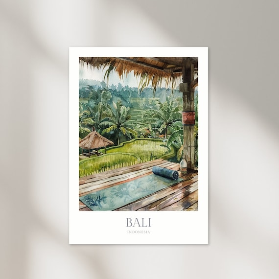 Bali Indonesia Yoga Deck Rice Terraces Watercolor Travel Poster