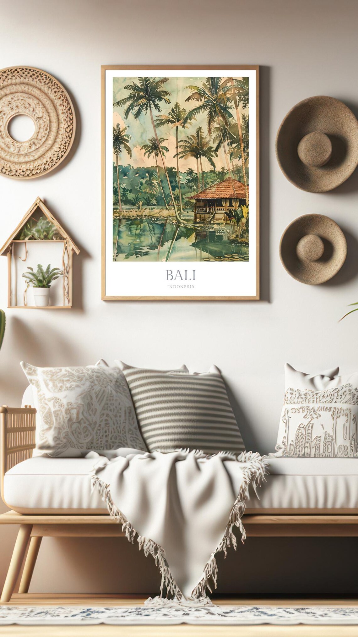Bali Indonesia Tropical Palm Lagoon Watercolor Travel Art Poster - Image 3