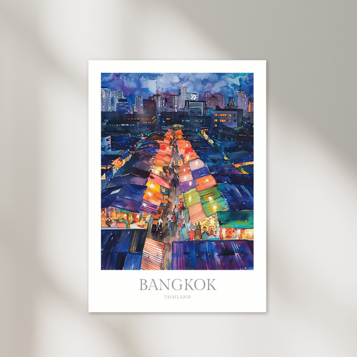 Bangkok Thailand Night Market Colorful Stalls Watercolor Travel Poster