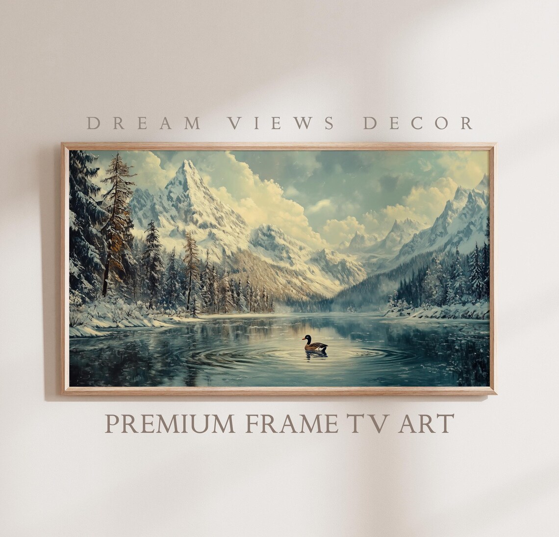 Winter Duck Alpine Lake Snowy Mountains Vintage Oil Painting Poster