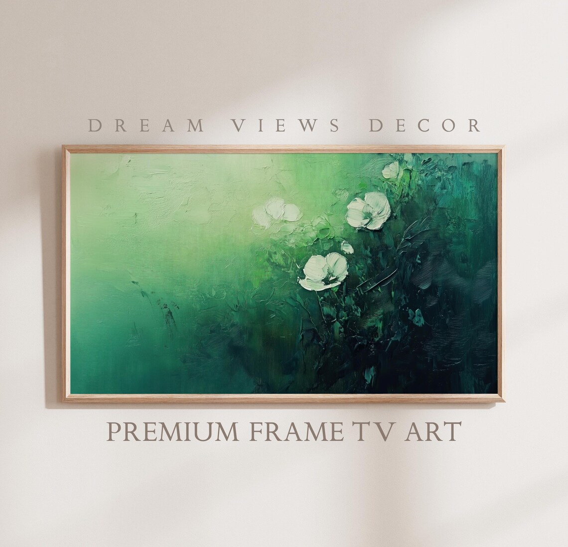 Green Abstract Emerald White Flowers Modern Oil Painting Frame TV Poster