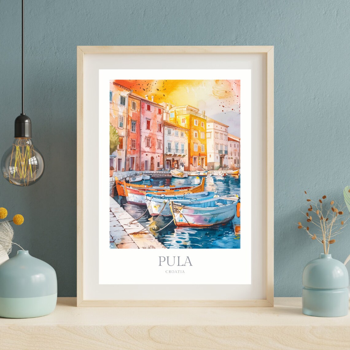 Pula Croatia Harbor Boats Watercolor Quay Sunset Travel Poster - Image 2