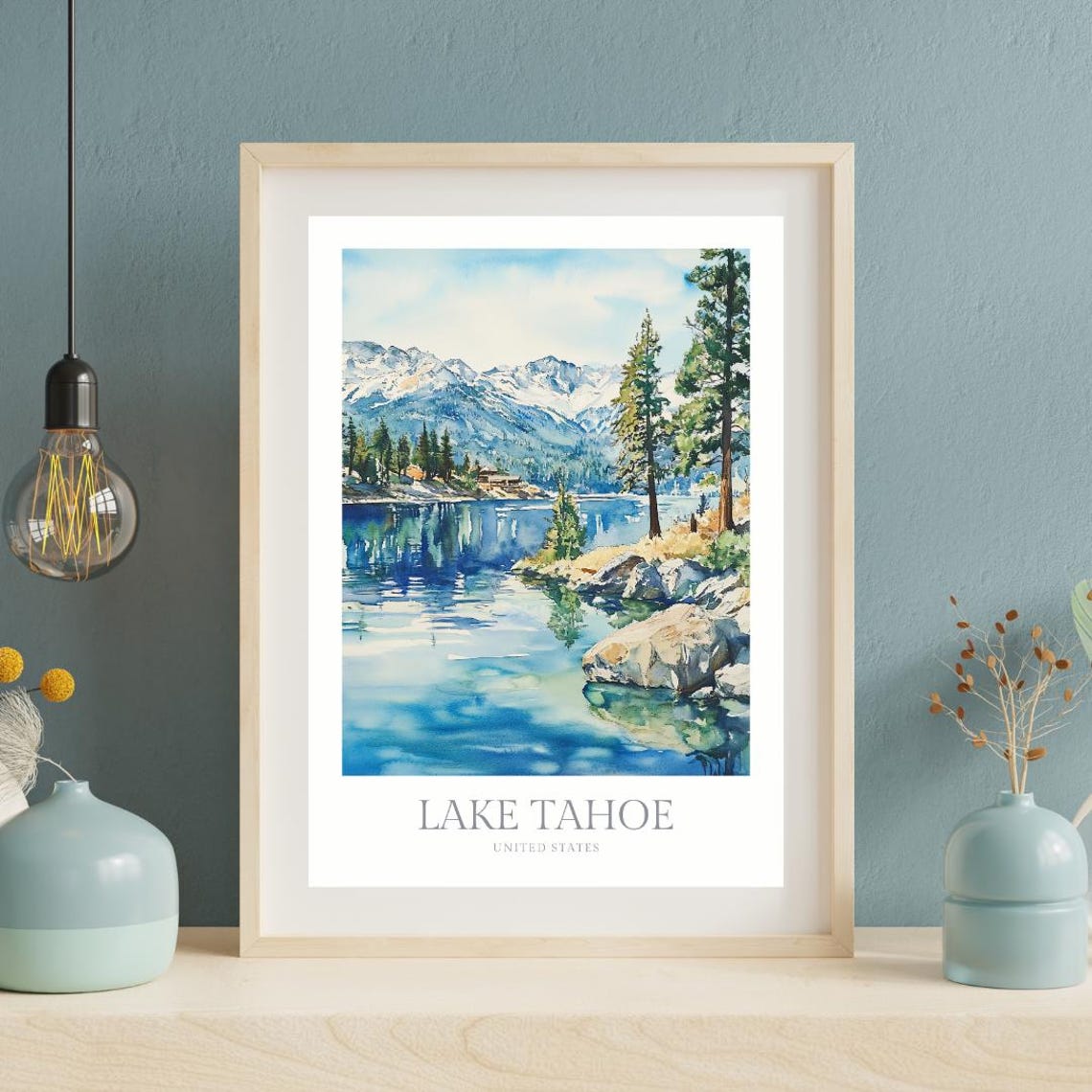 Lake Tahoe United States Pine Shoreline Snowy Peaks Watercolor Poster - Image 2