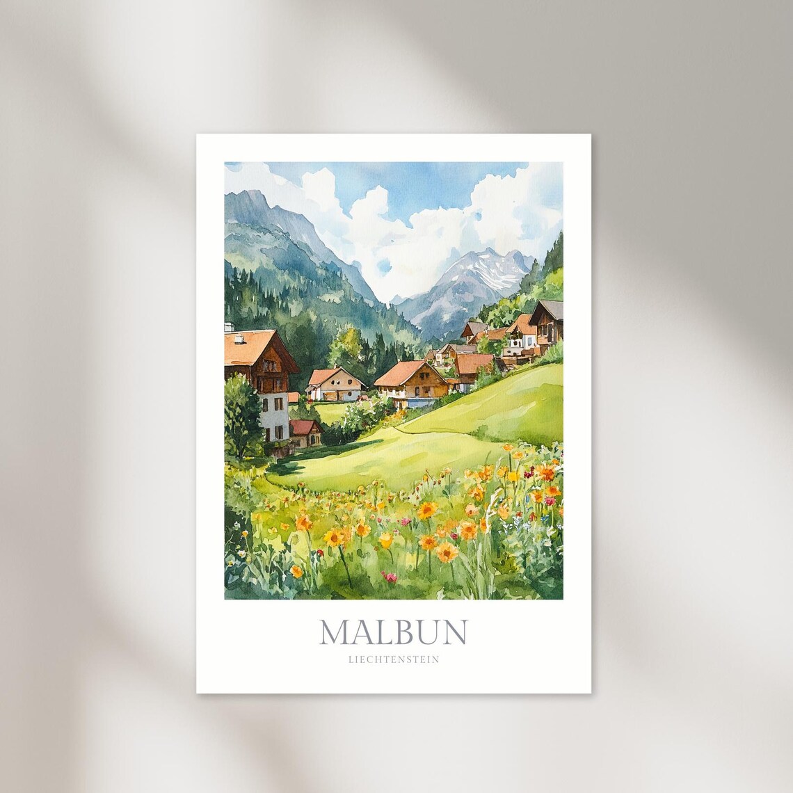 Malbun Liechtenstein Watercolor Alpine Village Flowers Travel Poster