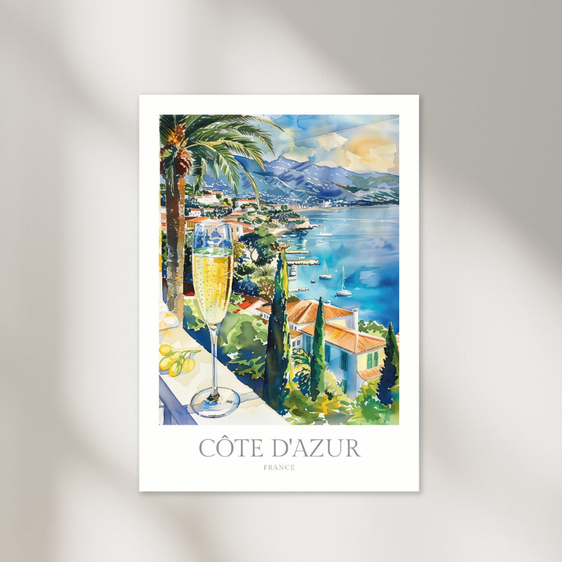 Cote dAzur France Watercolor Riviera Balcony Champagne View Poster