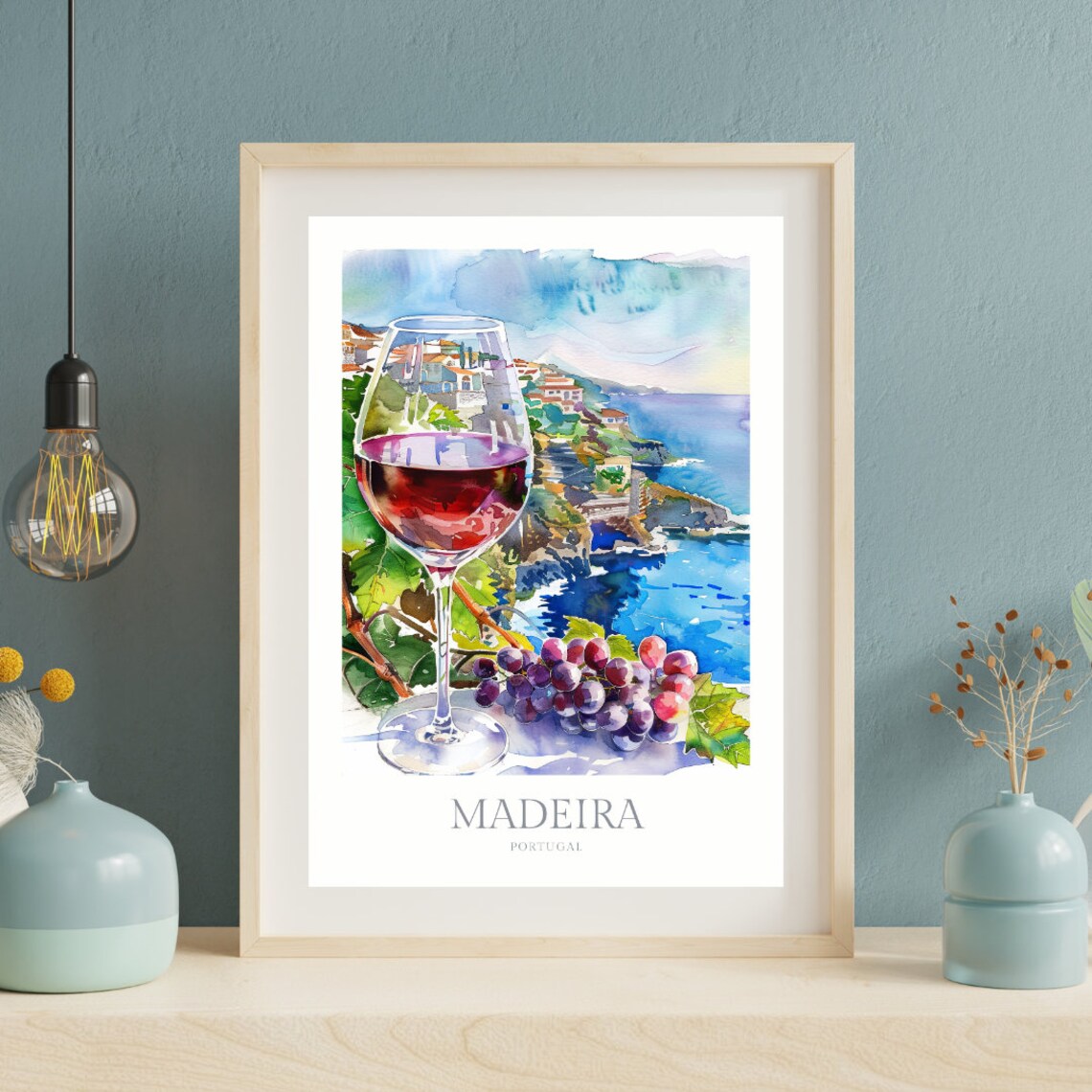 Madeira Portugal Wine Glass Vineyard Coast Grapes Watercolor Poster - Image 2