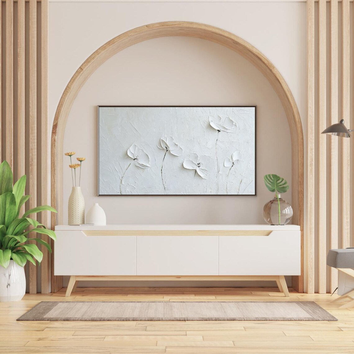 White Textured Poppies Neutral Impasto Minimalist Frame TV Art Print - Image 2