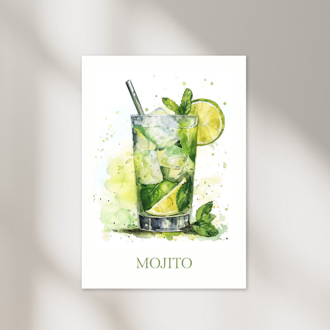 Mojito Cocktail Mint Lime Watercolor Summer Bar Decor Poster