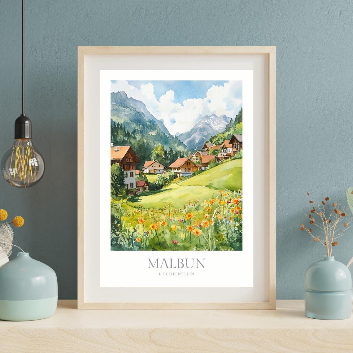 Malbun Liechtenstein Watercolor Alpine Village Flowers Travel Poster - Image 2