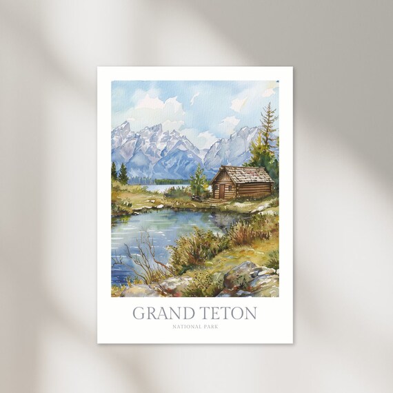 Grand Teton National Park Cabin Lake Watercolor Travel Poster