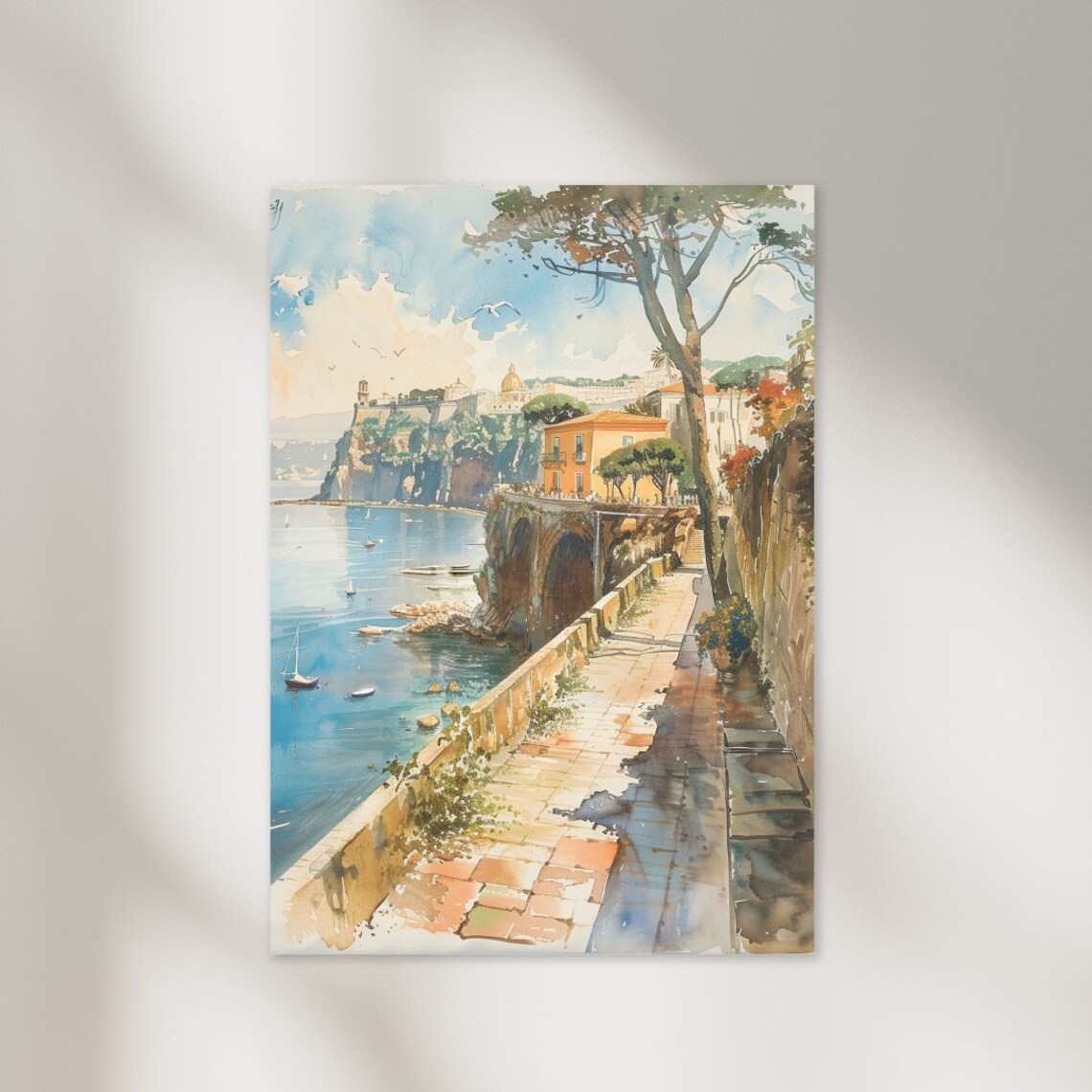 Sorrento Italy Seaside Cliffside Coastal Walk Watercolor Art Print
