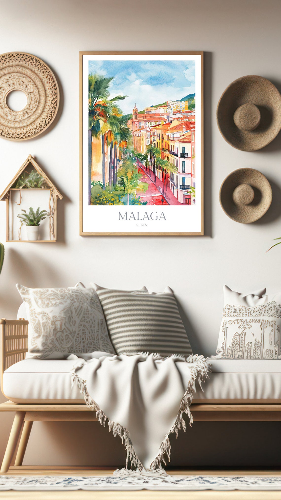 Malaga Spain Sunlit Palm Lined Street Old Town Watercolor Poster - Image 2