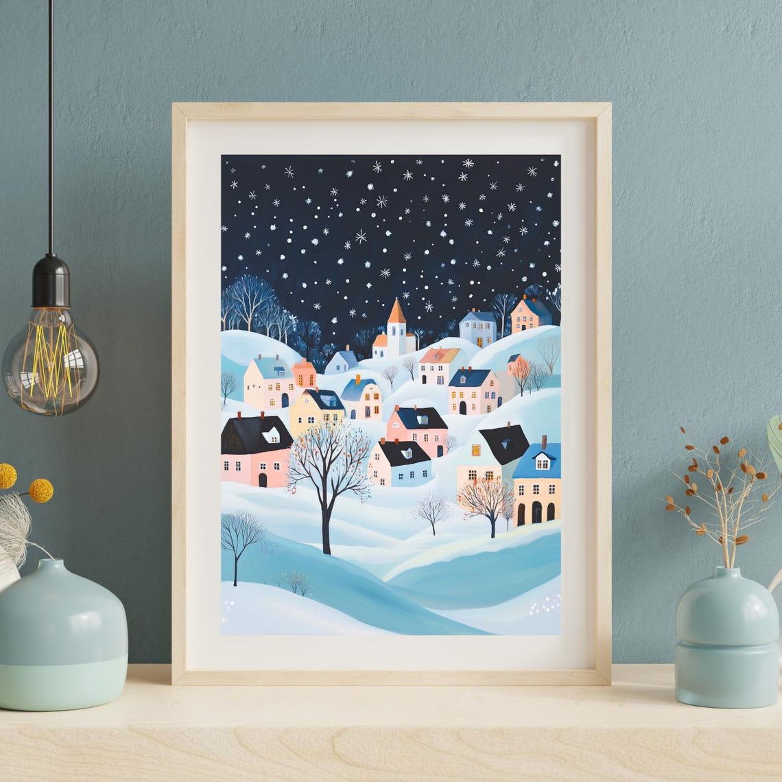 Cozy Winter Village Snow Night Sky Painting Holiday Decor Poster - Image 2