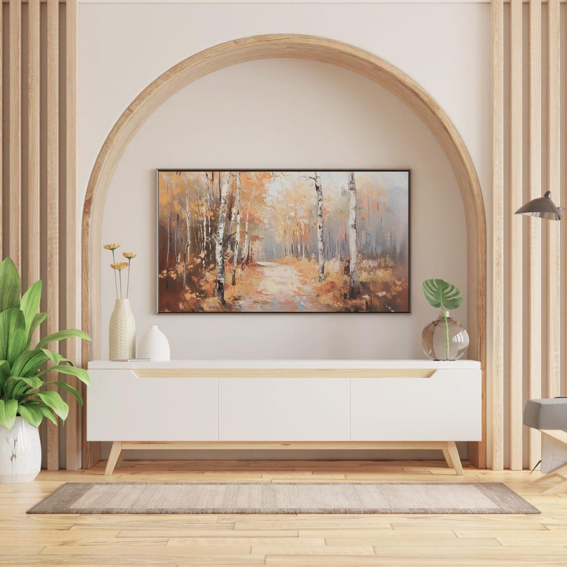 Autumn Birch Forest Fall Path Impressionist Oil Painting Wall Art