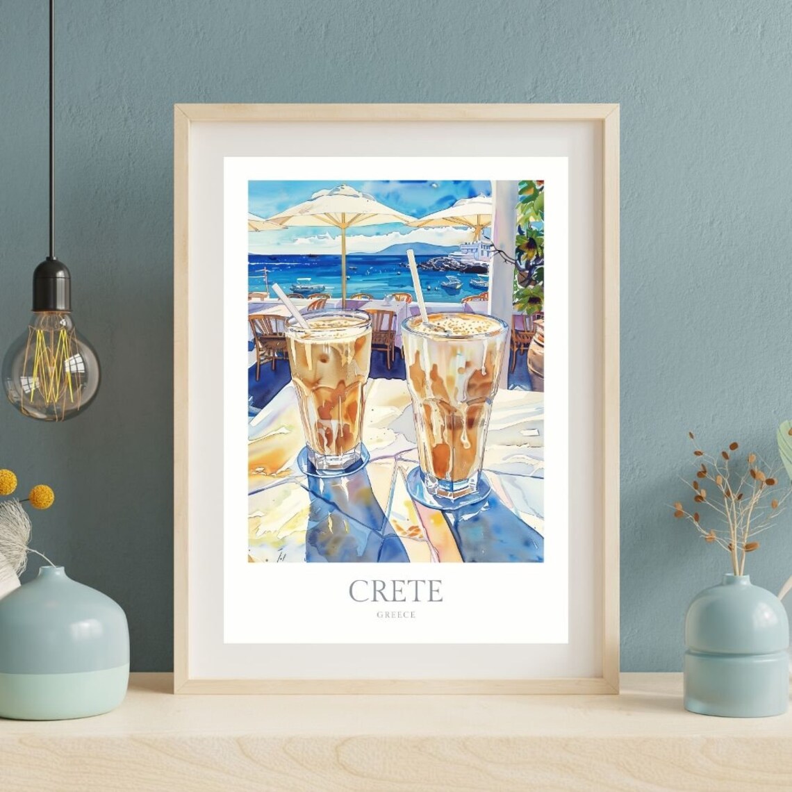 Crete Greece Iced Coffee Seaside Cafe Watercolor Travel Poster - Image 2