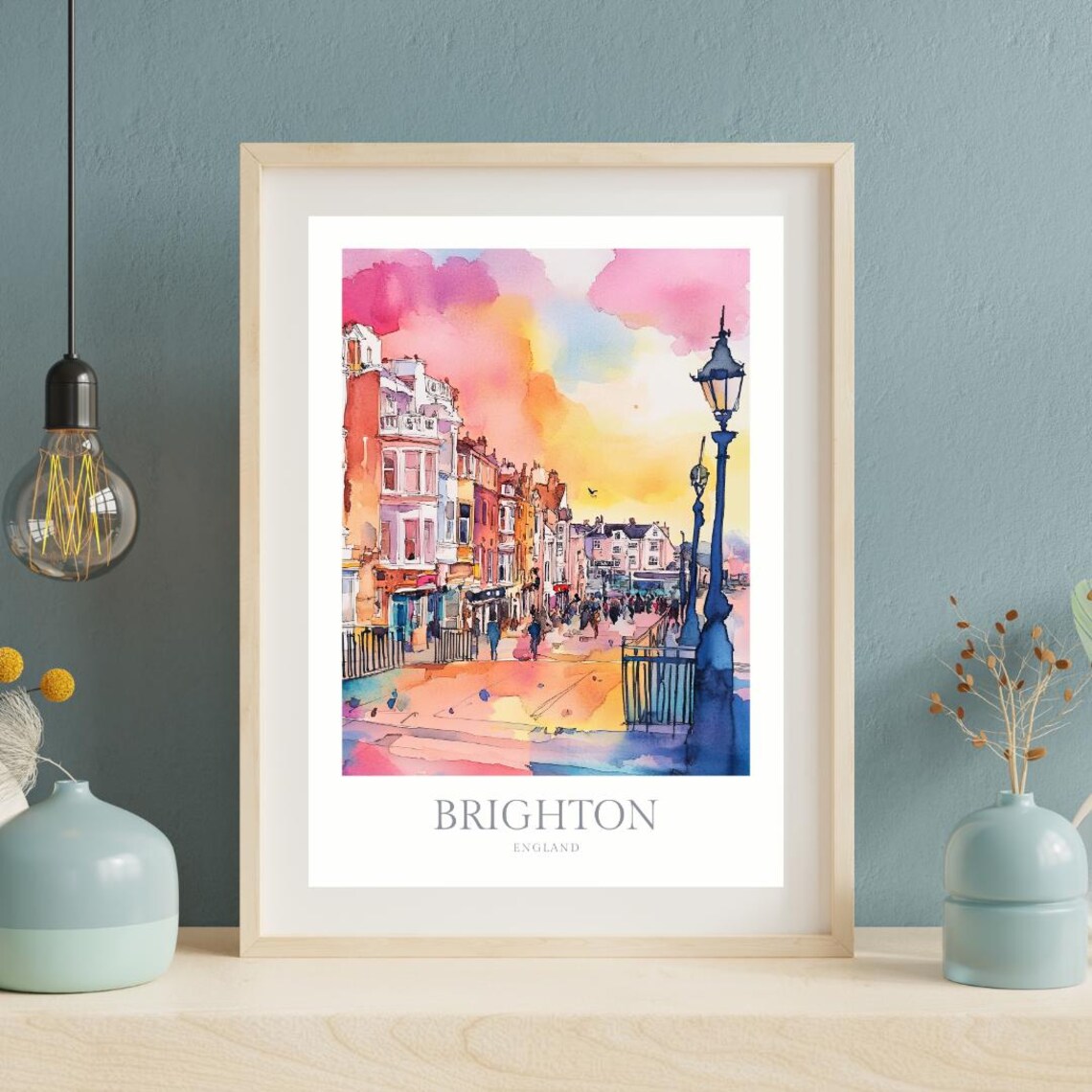 Brighton England Seaside Street Sunset Watercolor Poster Lamps - Image 2