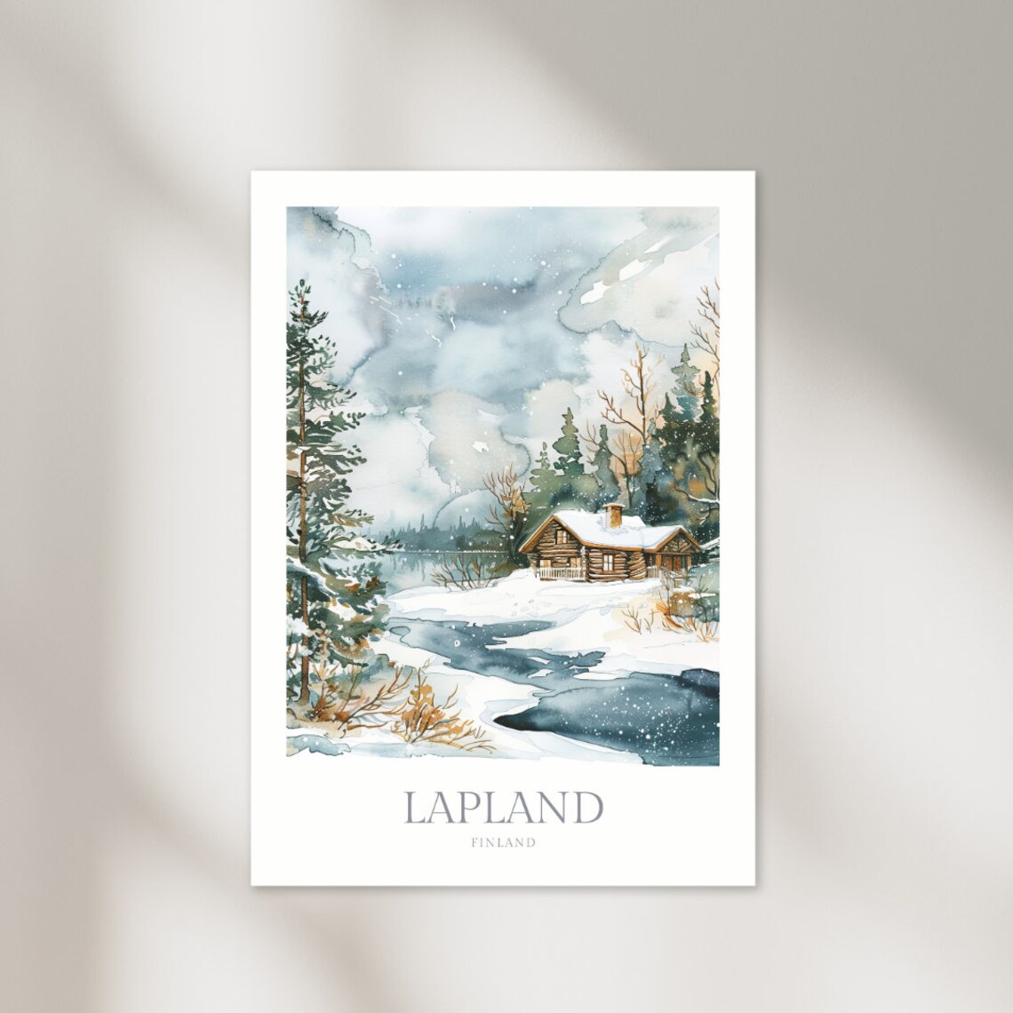 Lapland Finland Snowy Log Cabin Frozen Lake Winter Travel Poster